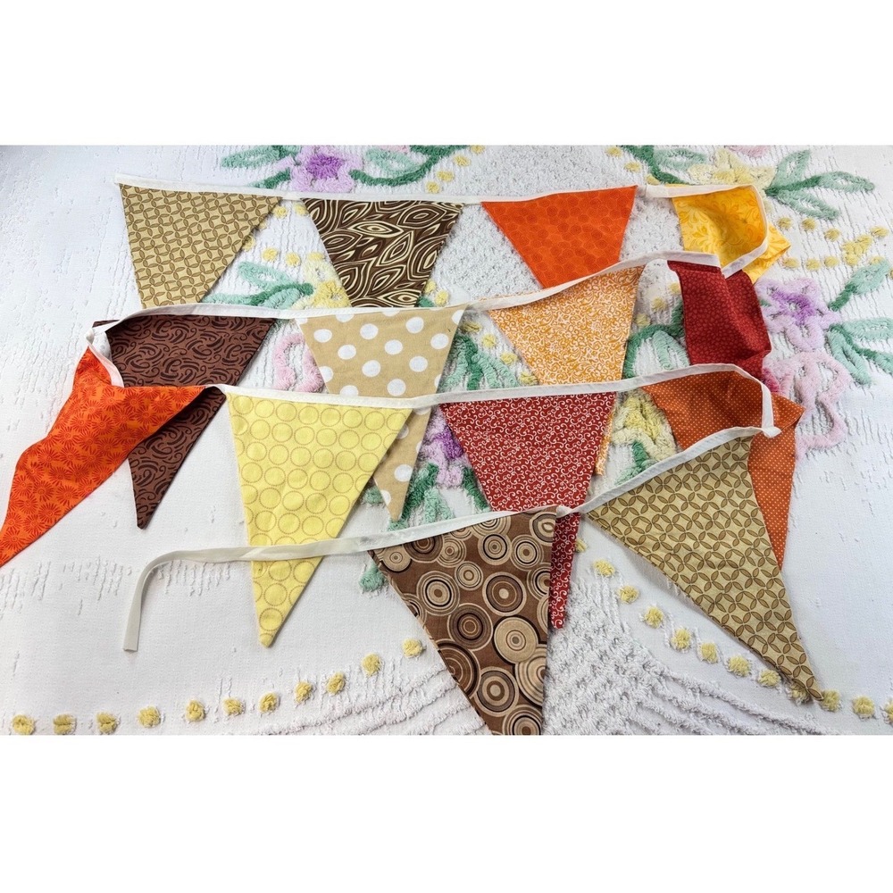 Handmade vtg Fabric Pennant Banner Bunting Fall Autumn Colors Polka Dot 82"